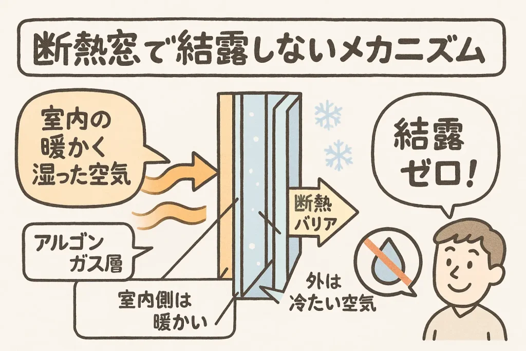 断熱窓で結露しないメカニズムの図