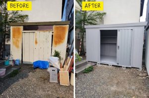 リフォーム後：整理された物置と庭の全景