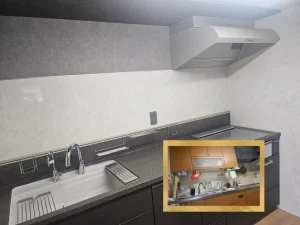 リフォーム後：トクラス製ブラックテイストのハイバックキッチン全体