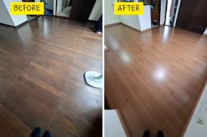 リフォーム後：バーティカルチェリー柄フローリングが美しく仕上がったリビング空間