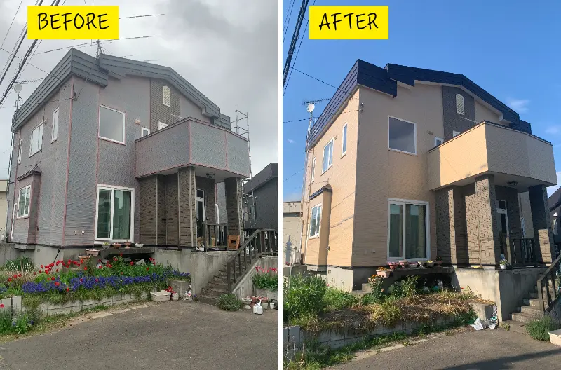 リフォーム後:外壁塗装と屋根塗装が完了した戸建住宅外観