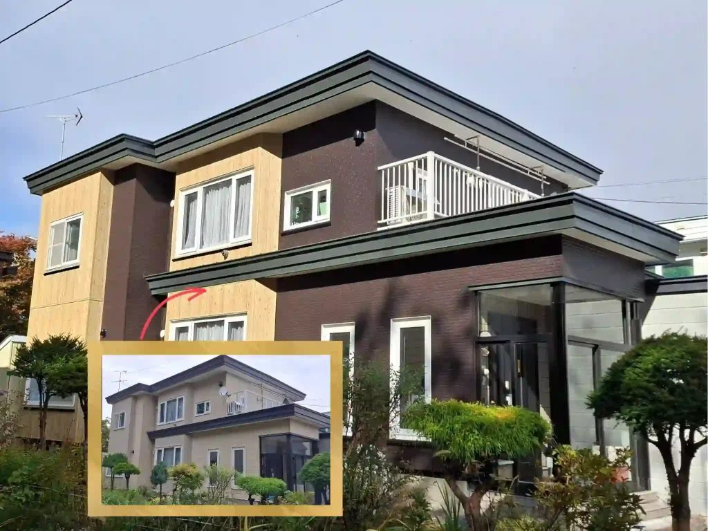 リフォーム後:木目調の外壁と濃色メインカラーで高級感ある外観に仕上がった戸建住宅
