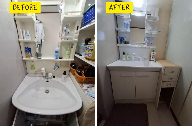 リフォーム後：明るく清潔な洗面化粧台リクシルPV設置後の全体像