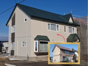 リフォーム後：白い金属サイディングと木目アクセントで一新した外観