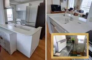 リフォーム後：タカラスタンダードエーデル1型キッチンと下がり壁解体後の開放的な空間