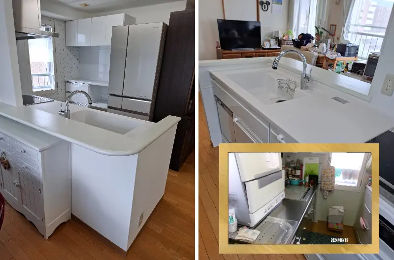 リフォーム後：タカラスタンダードエーデル1型キッチンと下がり壁解体後の開放的な空間