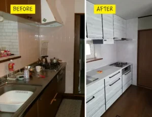 リフォーム後：タカラスタンダード トレーシアで生まれ変わった白いホーローキッチン全景