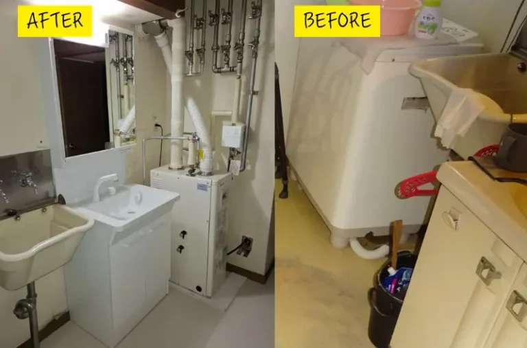 リフォーム後：TOTO Vシリーズ洗面台と新しいクッションフロアで清潔感のある洗面室