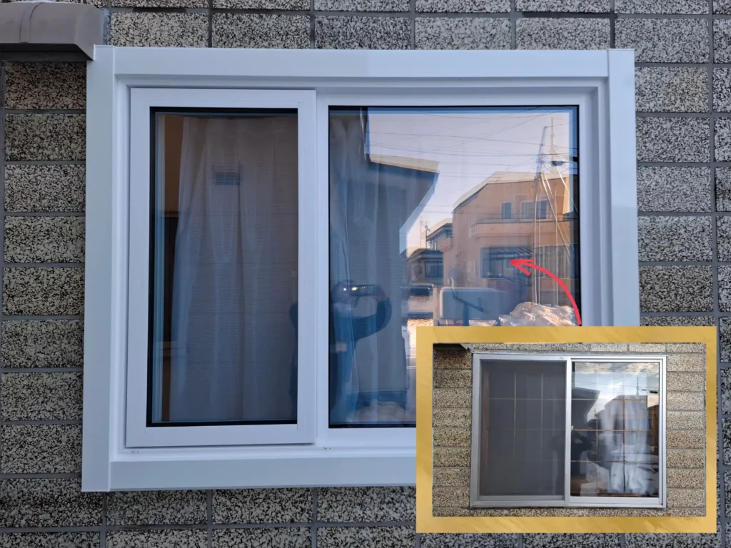 リフォーム後:トリプルガラスに交換した縦すべり出し窓の外観
