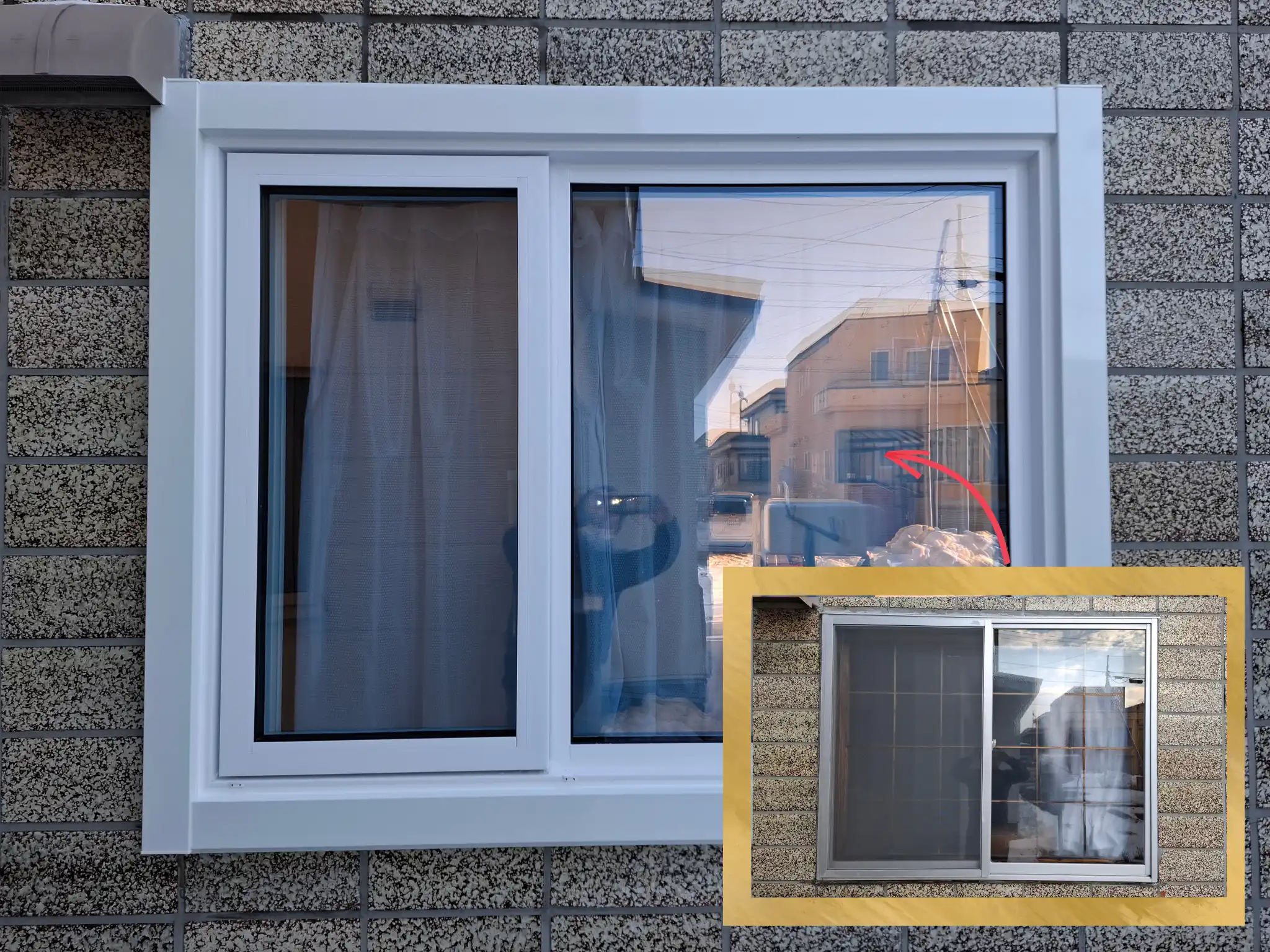 リフォーム後：トリプルガラスに交換した縦すべり出し窓の外観