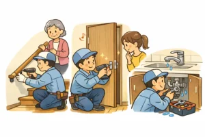 手すり取付や水漏れ修理など札幌の小さな住宅工事のイメージイラスト