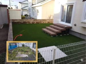 リフォーム後：段床ウッドデッキと人工芝ドッグランを備えた外構全景