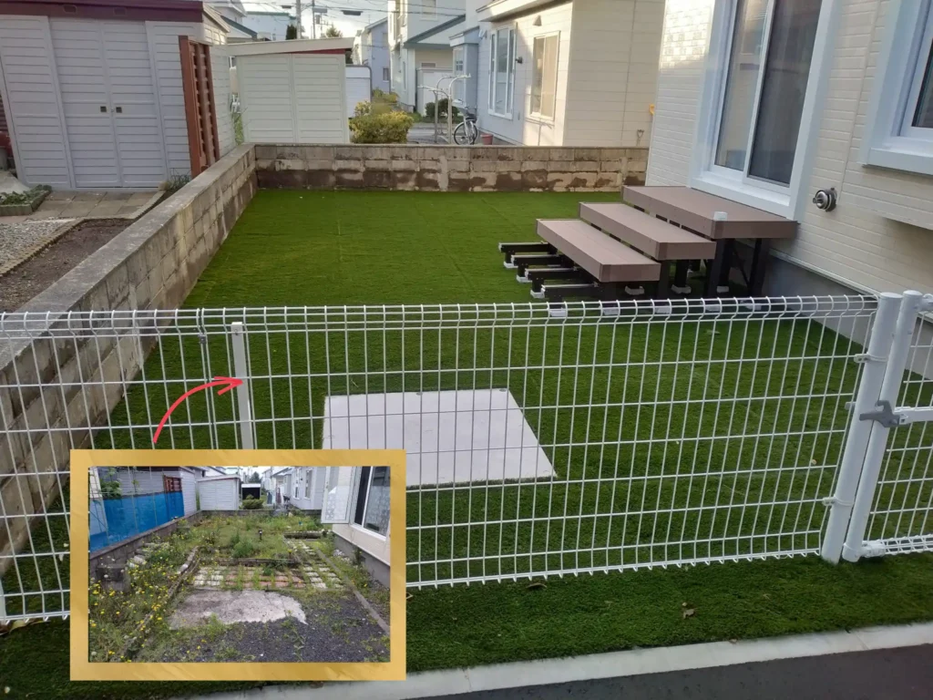 リフォーム後：段床ウッドデッキと人工芝ドッグランを備えた外構全景