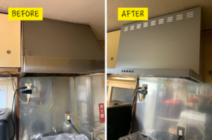 クリナップ フラットスリムレンジフードへ交換したキッチン換気扇したBEFORE、AFTERの写真