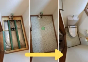 トイレ床リフォームの流れ：床の解体・下地補修・断熱材の入れ替え・クッションフロア施工