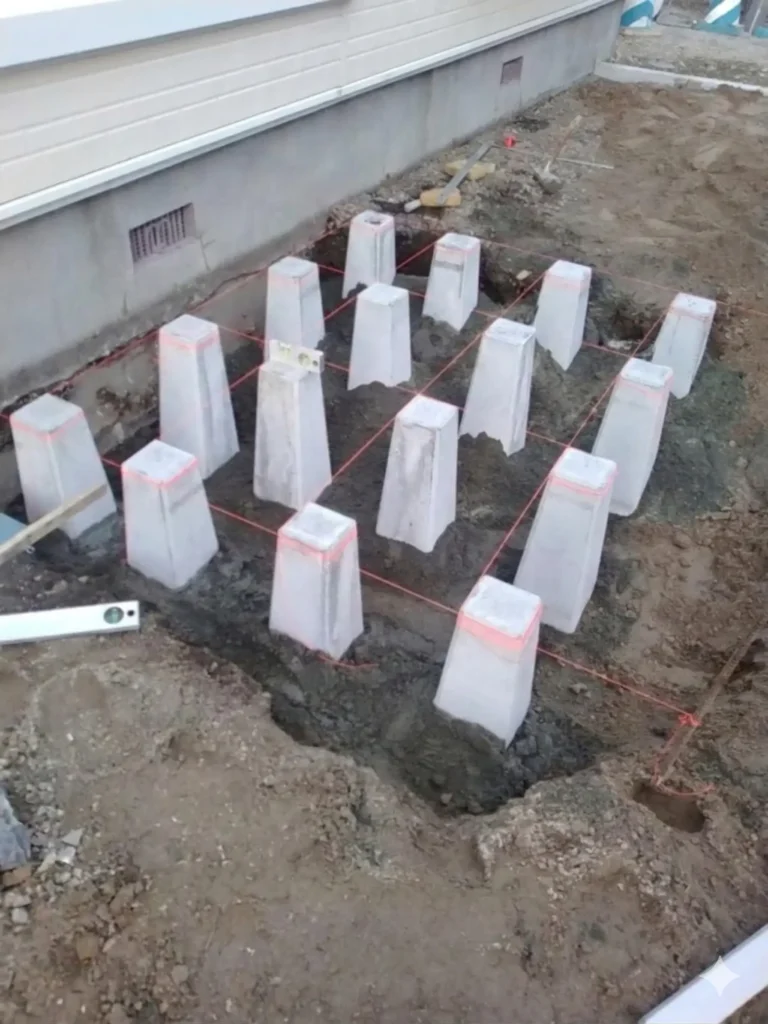 施工中：デッキ用の束石を全て埋めた状態